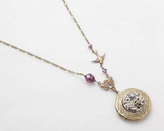 Steampunk Necklace, Locket with Vintage Silver Watch Movement, Purple Crystal and Bird Charm, Flower Motif on Brass Chain, Photo Locket Gift