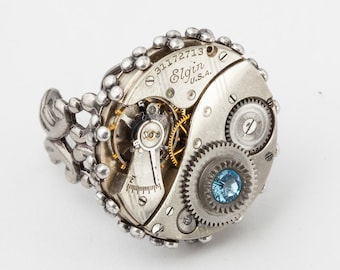 Steampunk Ring vintage watch movement gears blue crystal Neo Victorian silver filigree clockwork Steampunk jewelry by Steampunk Nation