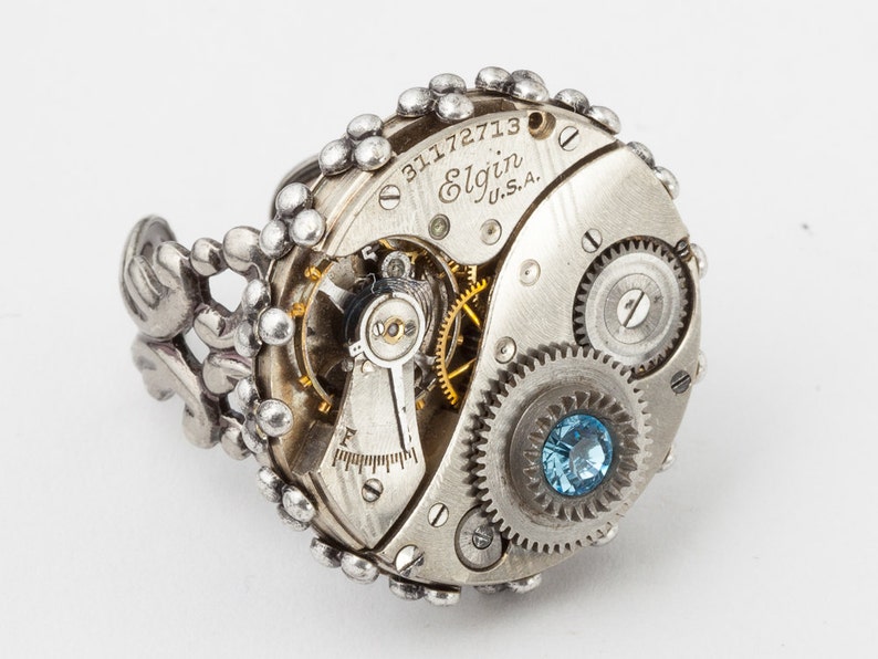 Steampunk Ring vintage watch movement gears blue crystal Neo Victorian silver filigree clockwork Steampunk jewelry by Steampunk Nation image 1