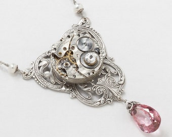 Steampunk Necklace Vintage Waltham Pocket Watch Movement with Pink Quartz & Pearl Victorian Silver Flower Filigree Statement Necklace 3027