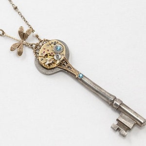 Antique Skeleton Key Necklace with Gold Watch, Aquamarine Crystal, Pearl, Dragonfly Charm & Filigree, Steampunk Key Pendant, Vintage Jewelry