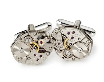 Steampunk Cufflinks Vintage Gruen watch movements wedding anniversary Gift Groom formal silver cuff links men jewelry Steampunk Naton 2299