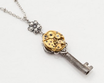 Steampunk Necklace Antique Victorian skeleton key gold watch movement silver flower filigree pendant necklace Gift Steampunk jewelry