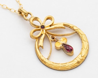 Art Nouveau Necklace in Gold Filled, Antique Bow and Leaf Pendant with Ruby Paste Teardrop on Vermeil Link Chain, Vintage Jewelry Gift