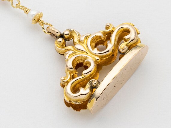Antique Watch Fob Necklace in Gold Filled with Ge… - image 3