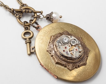 Steampunk Locket, Vintage Gold Locket Necklace, Silver Watch Movement with Skeleton Key Charm, Filigree, Pearl & Crystal by Steampunk Nation