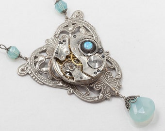 Steampunk Necklace Vintage Pocket watch movement blue crystal, Opal & Chalcedony Victorian silver flower filigree Statement necklace