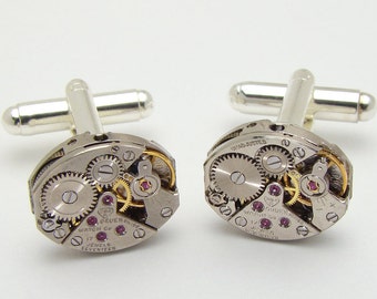Steampunk Cufflinks with Antique Gruen Watch Movements, Ideal Wedding or Anniversary Gift, Grooms Cufflinks, Silver Cuff Links Mens Jewelry