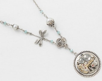 Steampunk Necklace with Vintage Watch, Blue Crystal & Pearl, Silver Filigree and Dragonfly Charm, Clockwork Pendant, Jewelry Gift For Her