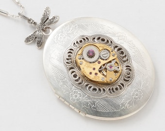 Vintage Silver Locket Steampunk Necklace with Dragonfly and Gold Watch Movement on Victorian filigree Bezel, Purple Amethyst Crystal Pendant