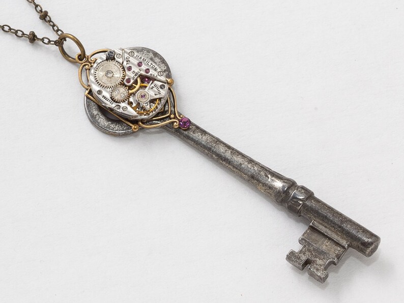 Steampunk Necklace Vintage watch movement on Antique skeleton key pendant gold filigree Amethyst purple crystal beaded chain jewelry image 1