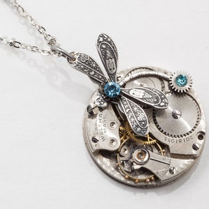 Steampunk Necklace with Vintage Waltham Pocket Watch, Aquamarine Swarovski Crystal & Silver Dragonfly Charm on Beaded Chain, Jewelry Gift