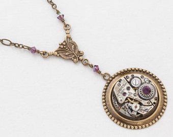 Steampunk Necklace Antique Silver Watch Movement with Amethyst Purple Crystal Beads and Gold Chain Victorian Styled Statement Necklace 2997