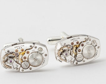 Vintage Hamilton Watch Cufflinks, Steampunk Cuff Links with Gears and Ruby Jewels, Wedding Anniversary Grooms Gift, Silver Mens Jewelry