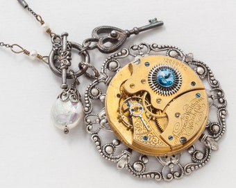 Steampunk Necklace Vintage Waltham Gold Pocket Watch Movement on Silver Filigree with Blue Crystal, Pearl & Skeleton Key Pendant Jewelry