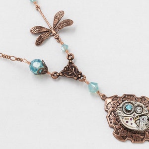 Steampunk Necklace Vintage silver watch movement with blue opal Swarovski crystal and copper dragonfly pendant, flower & leaf jewelry Gift image 1