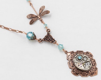 Steampunk Necklace Vintage silver watch movement with blue opal Swarovski crystal and copper dragonfly pendant, flower & leaf jewelry Gift