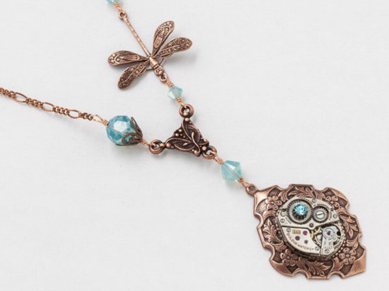 Steampunk Necklace Vintage silver watch movement with blue opal Swarovski crystal and copper dragonfly pendant, flower & leaf jewelry Gift image 1