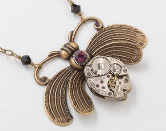 Bee Necklace, Gold Bee Pendant with Vintage Silver Watch and Gears, Amethyst Stone & Black Crystal Beads on Figaro Chain, Steampunk Jewelry