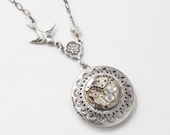 Steampunk Necklace Locket vintage watch movement gears pearl filigree leaf silver bird charm Steampunk jewelry Statement Pendant womens Gift