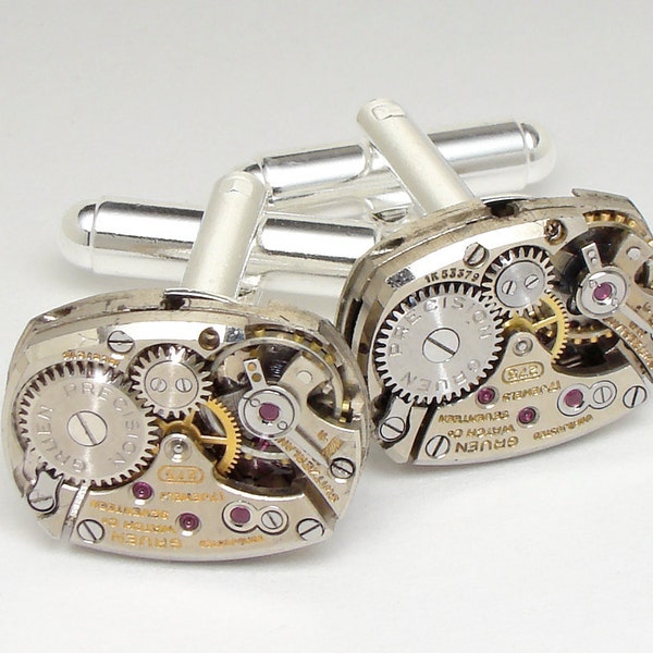 Steampunk Cufflinks Vintage Rare Gruen Watch Movements Wedding Anniversary Gift, Grooms Formal Wear, Silver Cuff Links Mens Jewelry