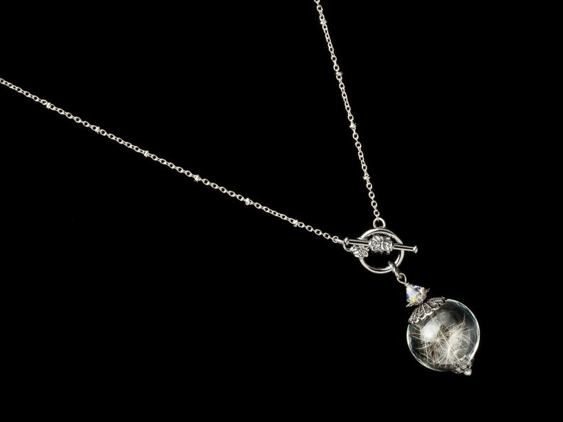 Wish Necklace in Glass Orb with Silver Filigree, Real Dandelion Seeds, Swarovski Crystal & Genuine Pearl, Wedding Jewelry, Gift For Her image 3