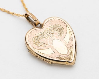 Vintage Locket Necklace, Puffy Heart Pendant in Yellow & Rose Gold Filled, Leaf and Flower Engraved, Old Photo Locket, Antique Jewelry Gift