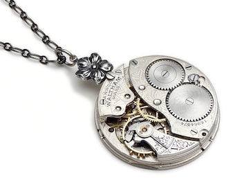 Steampunk Necklace with Vintage Waltham Pocket Watch & Gears, Engraved with a Leaf Motif, Flower Bail on Silver Chain, Antique Jewelry Gift