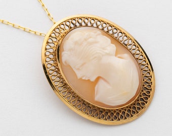Vintage Cameo Necklace, Hand Carved Shell Cameo of Maiden set in Gold Filled, Cameo Pin & Pendant Combo on Curb Chain, Antique Jewelry Gift