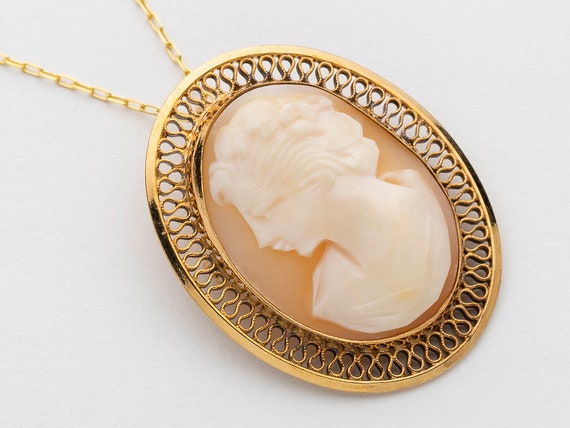 Vintage Cameo Necklace, Hand Carved Shell Cameo o… - image 1