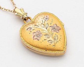 Vintage Locket Necklace, Art Deco Heart Locket Pendant in Yellow & Rose Gold Filled, Engraved Floral Motif, Old Photo, Antique Jewelry Gift