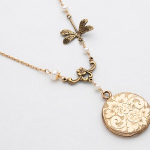 Victorian Locket Necklace in Gold Filled with Leaf and Flower Engraving, Genuine Pearl & Dragonfly Charm on Vintage Rope Chain, Gift For Her