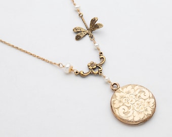 Victorian Locket Necklace in Gold Filled with Leaf and Flower Engraving, Genuine Pearl & Dragonfly Charm on Vintage Rope Chain, Gift For Her