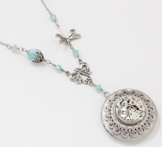 Steampunk Necklace, Round Locket with Vintage Wat… - image 1