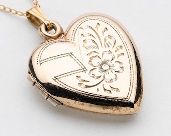 Vintage Heart Locket Necklace, Floral Engraved Heart Charm in Gold Filled and Sterling, Old Photo Locket, Art Deco Jewelry, Gift For Her