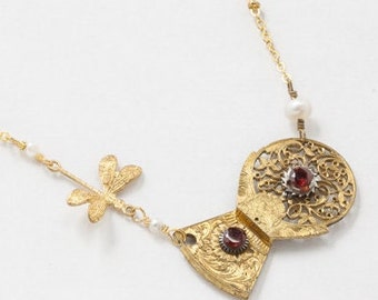 Vintage Garnet and Pearl Necklace, Vintage Verge Fusee Watch Balance Bridge in Gold Gilt, Hand Engraved Flower & Leaf Filigree Motif, Gift