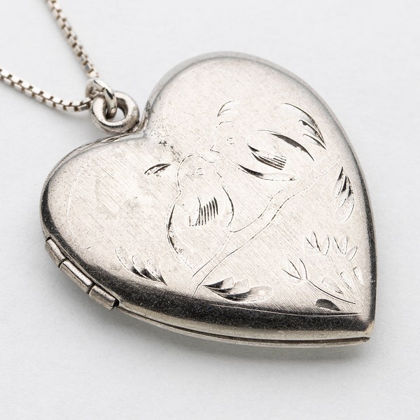 Vintage Locket Necklace, Heart Locket in Sterling Silver with a Flower, Leaf and Love Bird Hand Engraved Design, Matte Finish, Photo Locket