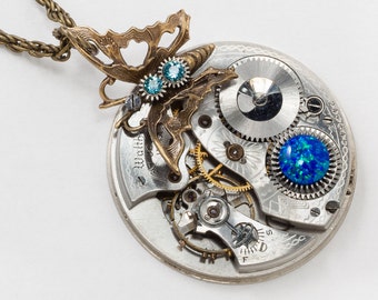 Steampunk Necklace, Butterfly Necklace with Vintage Waltham Silver Pocket Watch, Opal, Blue Topaz Crystal & Flower Engraving, Jewelry Gift