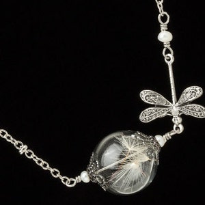 Wish Necklace with Dragonfly Charm & Real Dandelion Seeds in a Hand Blown Glass Orb, Genuine Pearl on Silver Chain, Wedding Jewerly Gift