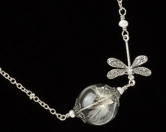 Wish Necklace with Dragonfly Charm & Real Dandelion Seeds in a Hand Blown Glass Orb, Genuine Pearl on Silver Chain, Wedding Jewerly Gift