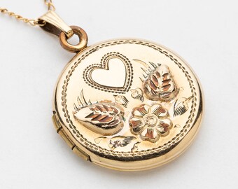 Vintage Locket Necklace, Round Locket Pendant in Yellow & Rose Gold Filled, Floral Engraved, Old Photo Locket, Jewelry Gift For Her