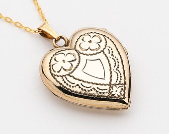 Vintage Locket Necklace, Puffy Heart Charm, Leaf & Flower Engraved in Gold Filled, Old Photo Locket Pendant, Antique Jewelry, Gift For Her