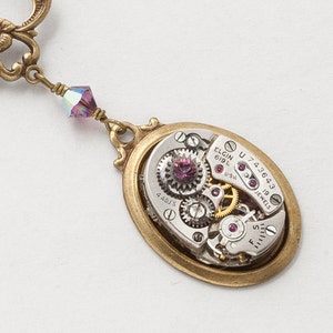 Steampunk Necklace Vintage silver watch movement gears, amethyst crystal pendant, Victorian bird and gold flower Statement Necklace 2614 image 2