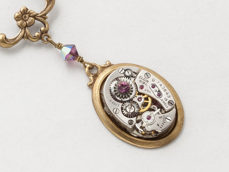 Steampunk Necklace Vintage silver watch movement gears, amethyst crystal pendant, Victorian bird and gold flower Statement Necklace 2614 image 2