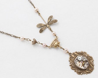 Steampunk Gold Dragonfly Necklace Vintage Silver Longines Watch with Blush Pink Pearls, Crystal and Filigree Pendant Statement Jewelry 2963