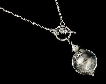 Wish Necklace in Glass Orb with Silver Filigree, Real Dandelion Seeds, Swarovski Crystal & Genuine Pearl, Wedding Jewelry, Gift For Her