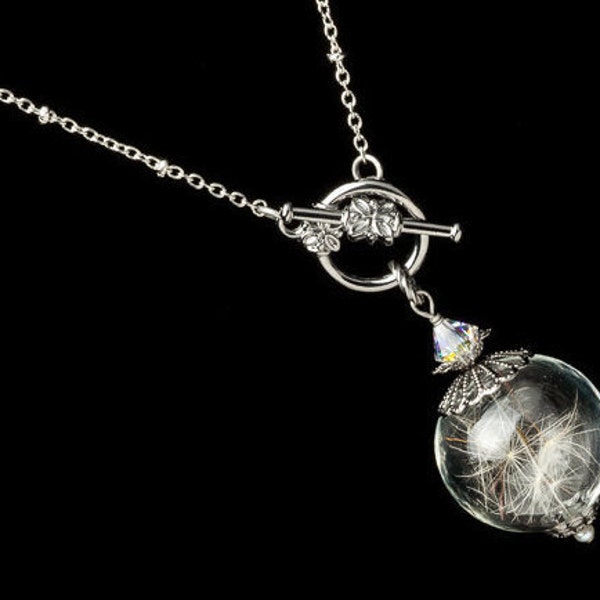 Collier de souhaits en orbe de verre avec filigrane d’argent, vraies graines de pissenlit, cristal Swarovski et perle authentique, bijoux de mariage, cadeau pour elle