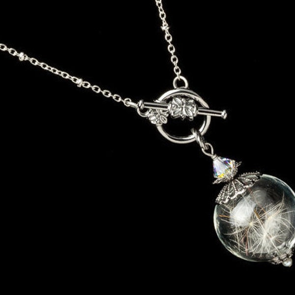 Collier de voeux en orbe de verre avec filigrane d'argent, vraies graines de pissenlit, cristal Swarovski et perle véritable, bijoux de mariage, cadeau pour elle