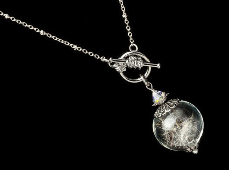 Wish Necklace in Glass Orb with Silver Filigree, Real Dandelion Seeds, Swarovski Crystal & Genuine Pearl, Wedding Jewelry, Gift For Her image 1