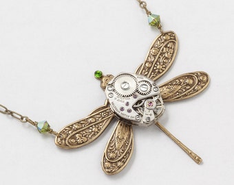 Steampunk Necklace vintage silver watch movement Victorian gold dragonfly pendant green crystal statement necklace Steampunk Jewelry